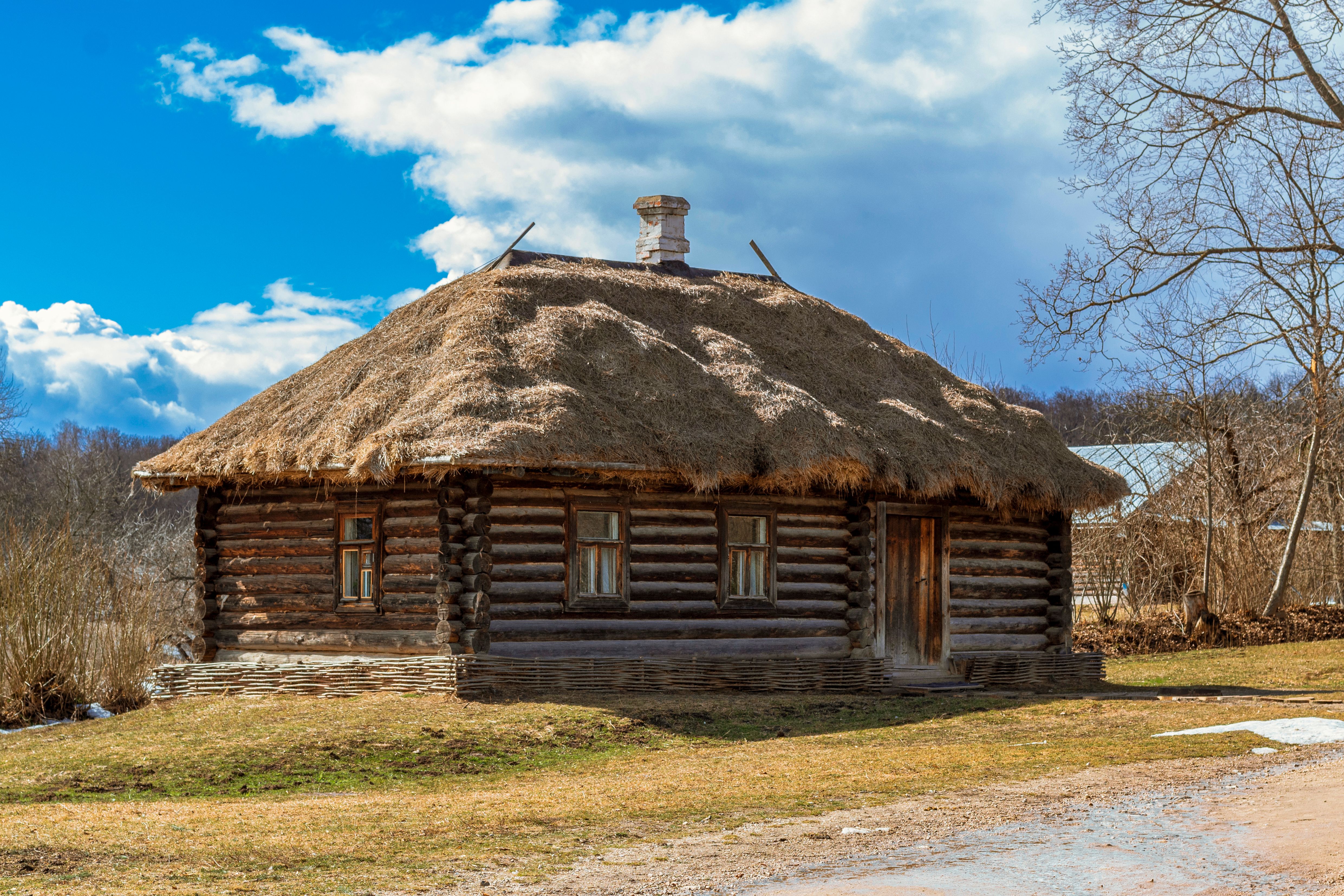 Charming wooden cabin with a thatched roof in the scenic countryside under a blue sky.