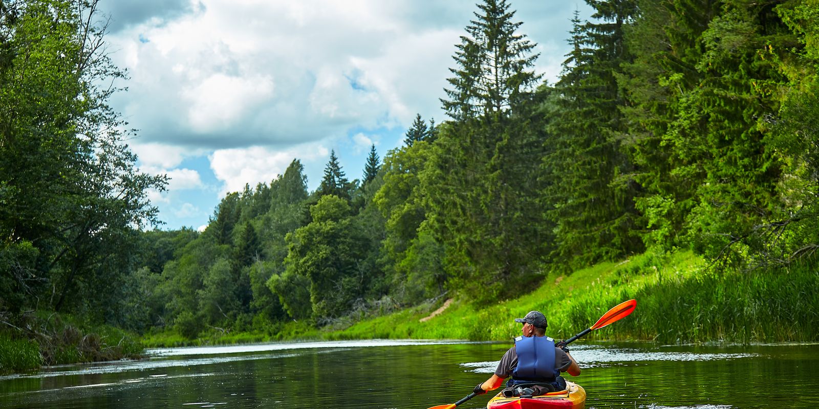 Person kayaking on a calm river surrounded by forest