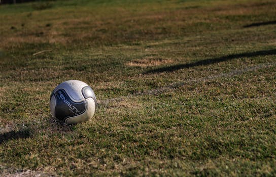 A lone soccer ball resting on a grassy field under sunlight.