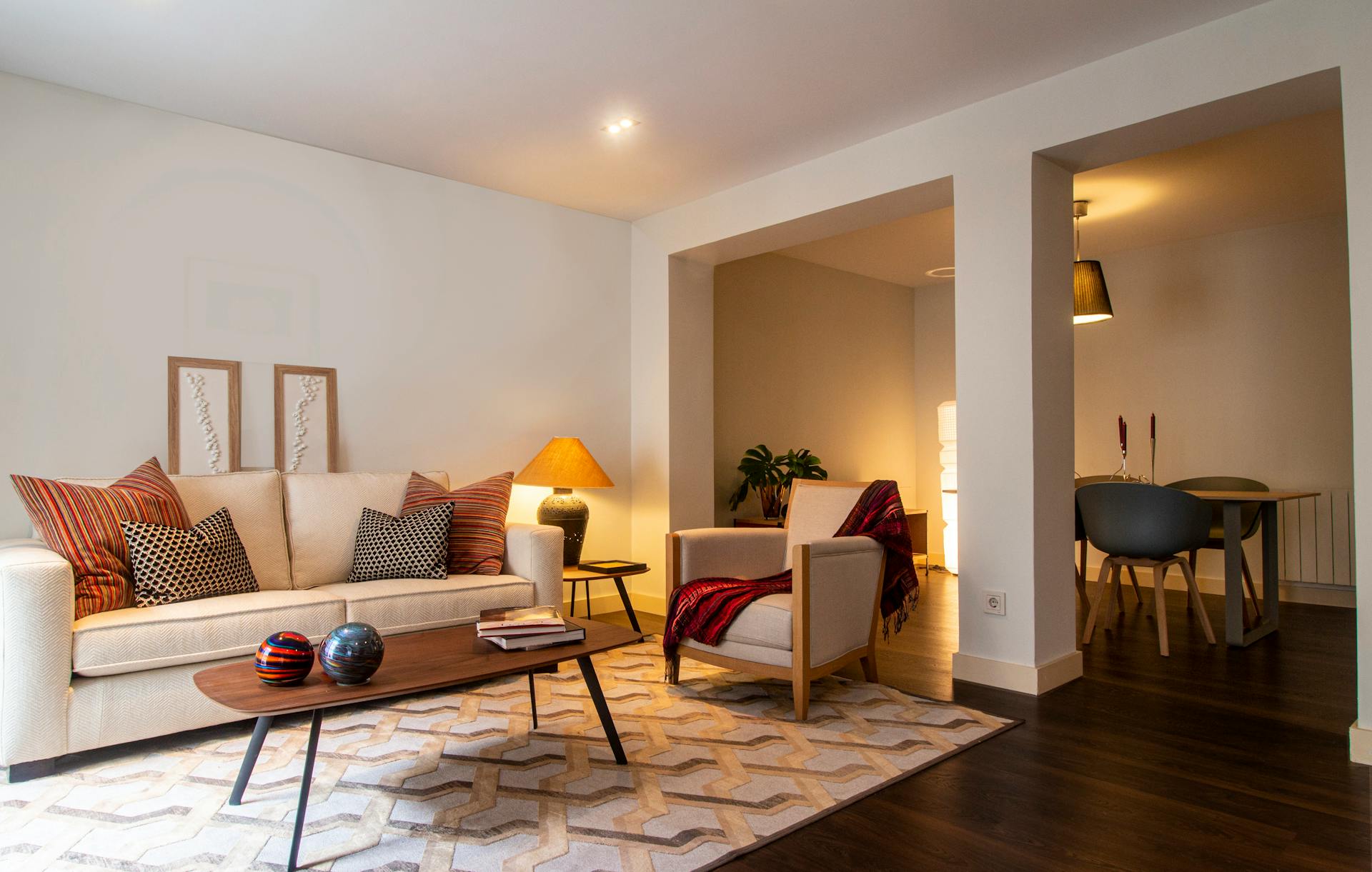 A cozy living room with warm lighting and peaceful ambiance