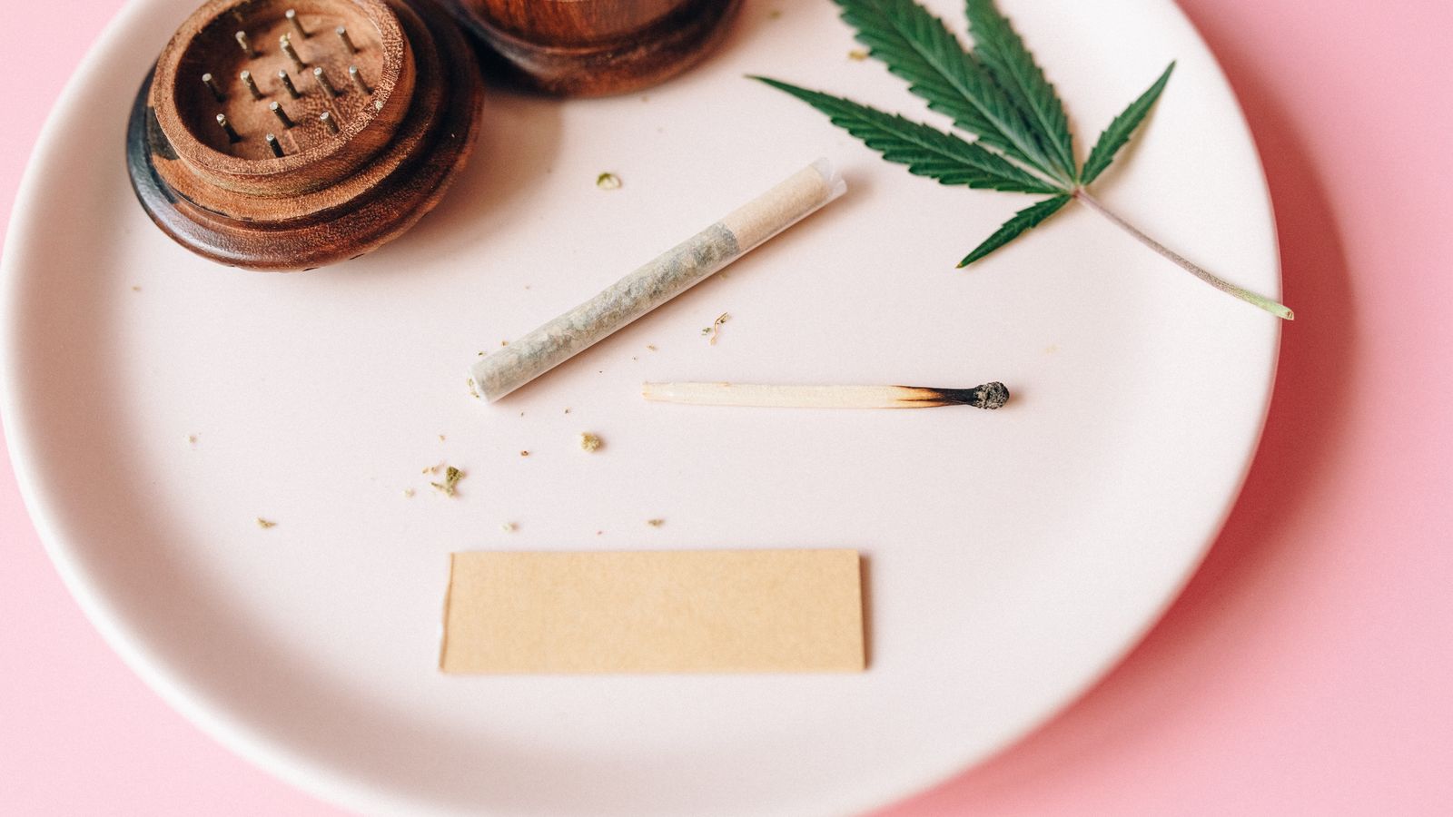 Cannabis leaf and rolled joint with grinder on a white plate over pink background.