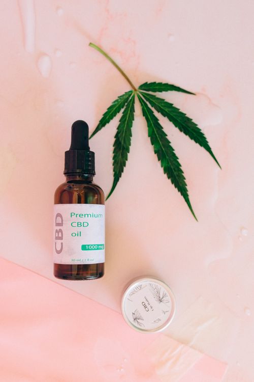 Free Close-up of premium CBD oil and cannabis leaf on a light pink background, ideal for wellness themes. Stock Photo