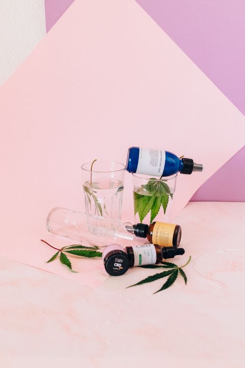 Free Abstract composition of CBD oil bottles and cannabis leaves on pink and purple background. Stock Photo