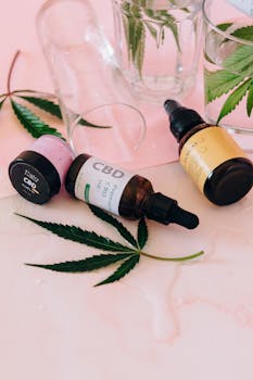 Aesthetic arrangement of CBD oil bottles with cannabis leaves on a pink background.