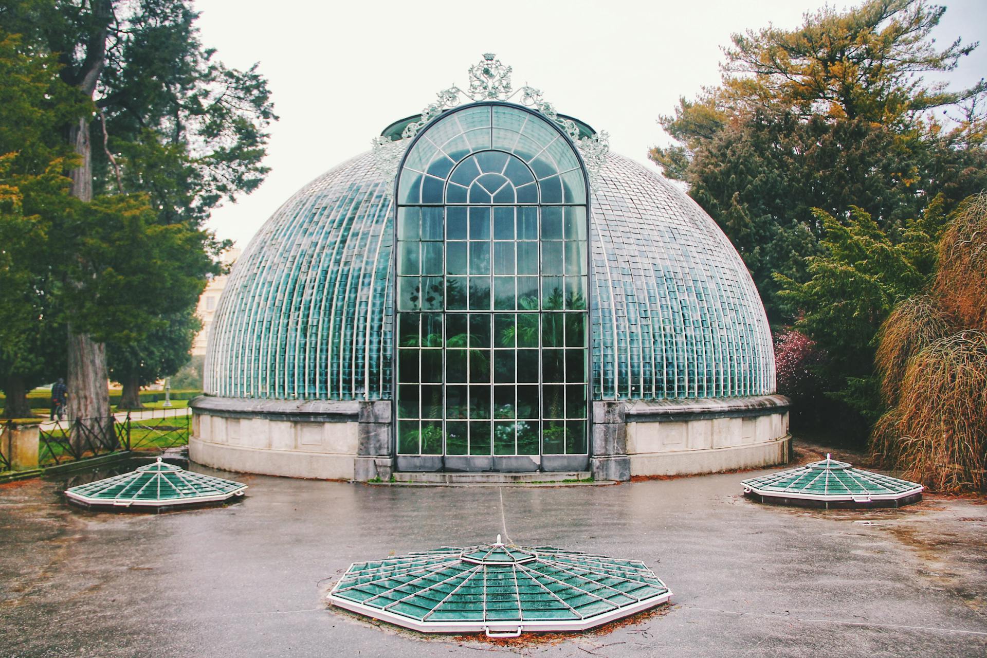 Captivating image of a historic glass greenhouse surrounded by lush trees in a serene park.