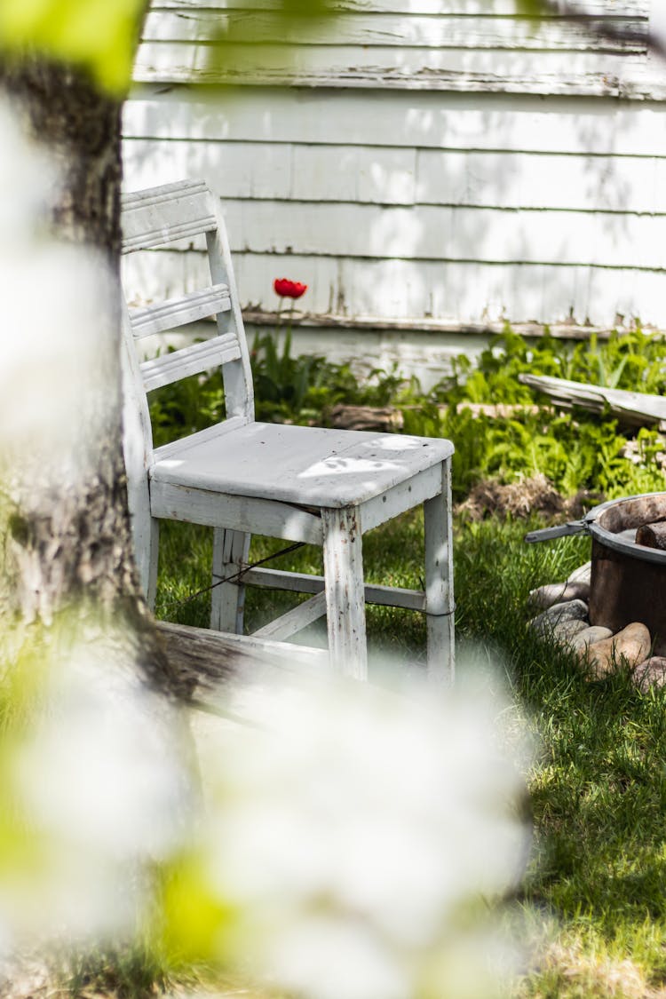 A White Wooden Chair On The Backyard 