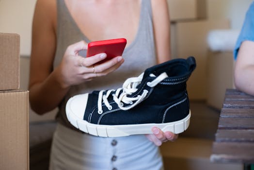 Close-up of woman holding a sneaker and smartphone among cardboard boxes indoors.
