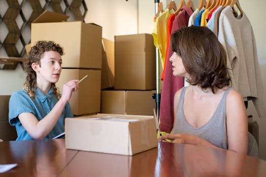 Two women engage in a business conversation surrounded by boxes and clothing in a fashion studio.