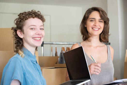 Two smiling women working together in a home-based business with boxes and a laptop.