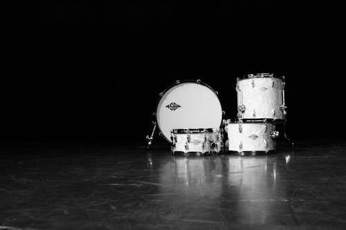 Black and White Photo of a Drum Set