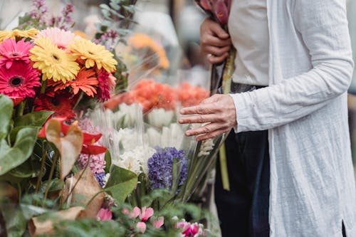 A Person Touching Colorful Flowers