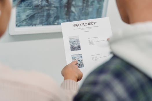 Close-up of hands holding and pointing at a project document during a meeting, featuring artistic project details.