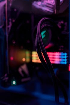 Vibrant close-up of computer components with colorful LED lights and cables in a modern setup.