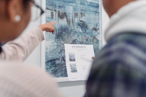 A Person Pointing Her Finger at the Abstract Painting