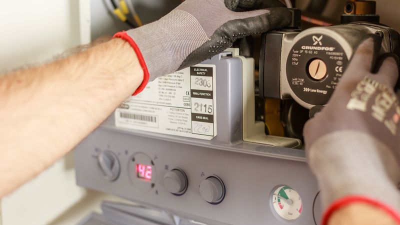 a technician using a vacuum pump and micron gauge on mini split condenser valves