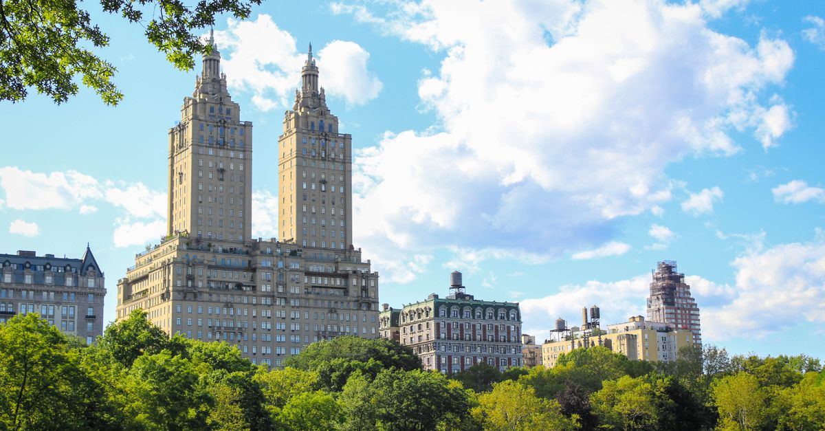 Panoramic view of historic buildings overlooking lush trees in Central Park, New York City.