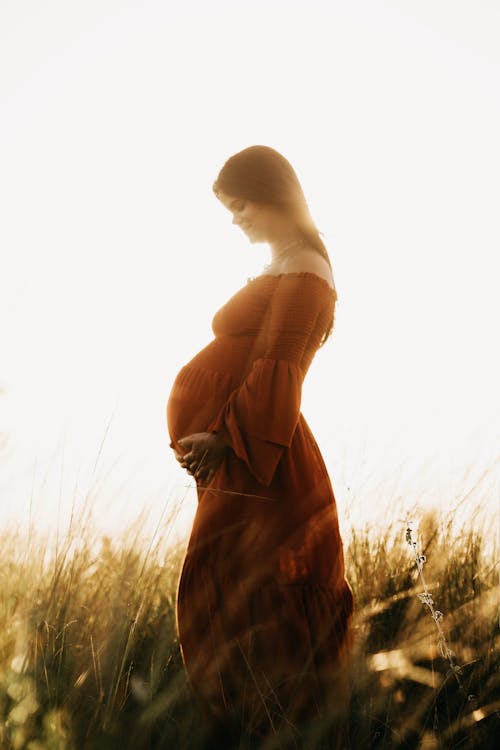 Free Pregnant woman standing in grassy meadow Stock Photo