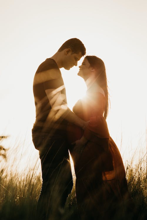 Free Side view of amorous man embracing and kissing pregnant wife while standing in grassy field with sunset light in backlit Stock Photo