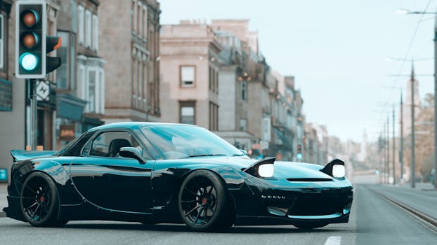 Black sports car parked on an urban street with historic architecture in the background under day lighting.