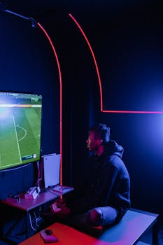 A young man plays video games on a console, illuminated by vibrant neon lights.