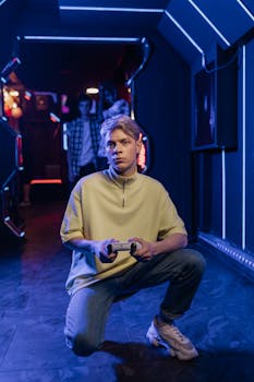 A young man intensely playing video games in a futuristic, neon-lit arcade setting.