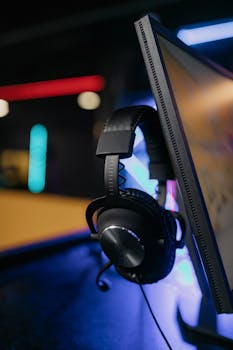 Close-up of a gaming headset hanging on an illuminated monitor in a dark room.