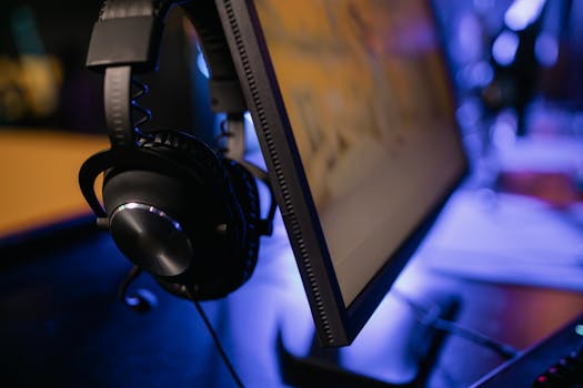 Close-up of a computer monitor with headphones, perfect for gaming setups.