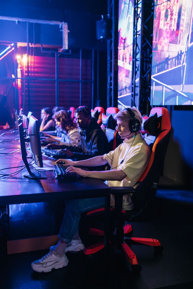 A team of players mid-match in a glowing esports arena