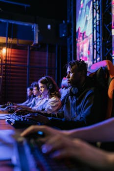 A diverse group of focused gamers competing in an exciting esports arena.