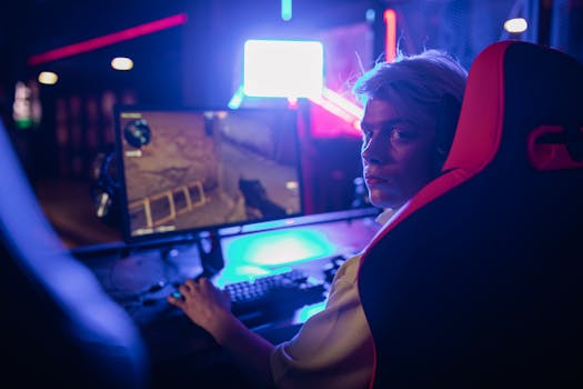 Gamer focused on intense video game session in a neon-lit room.