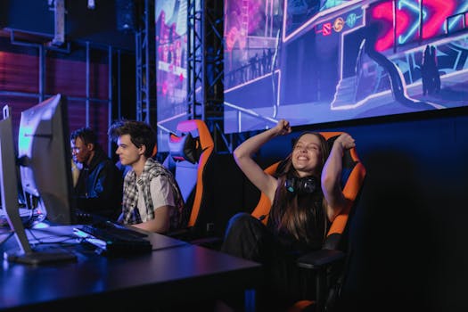 Group of teenagers gaming indoors with excitement and joy, immersed in a virtual environment.