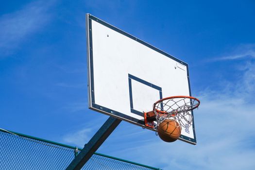 Close-up of a basketball scoring a perfect shot on an outdoor hoop against a clear blue sky.
