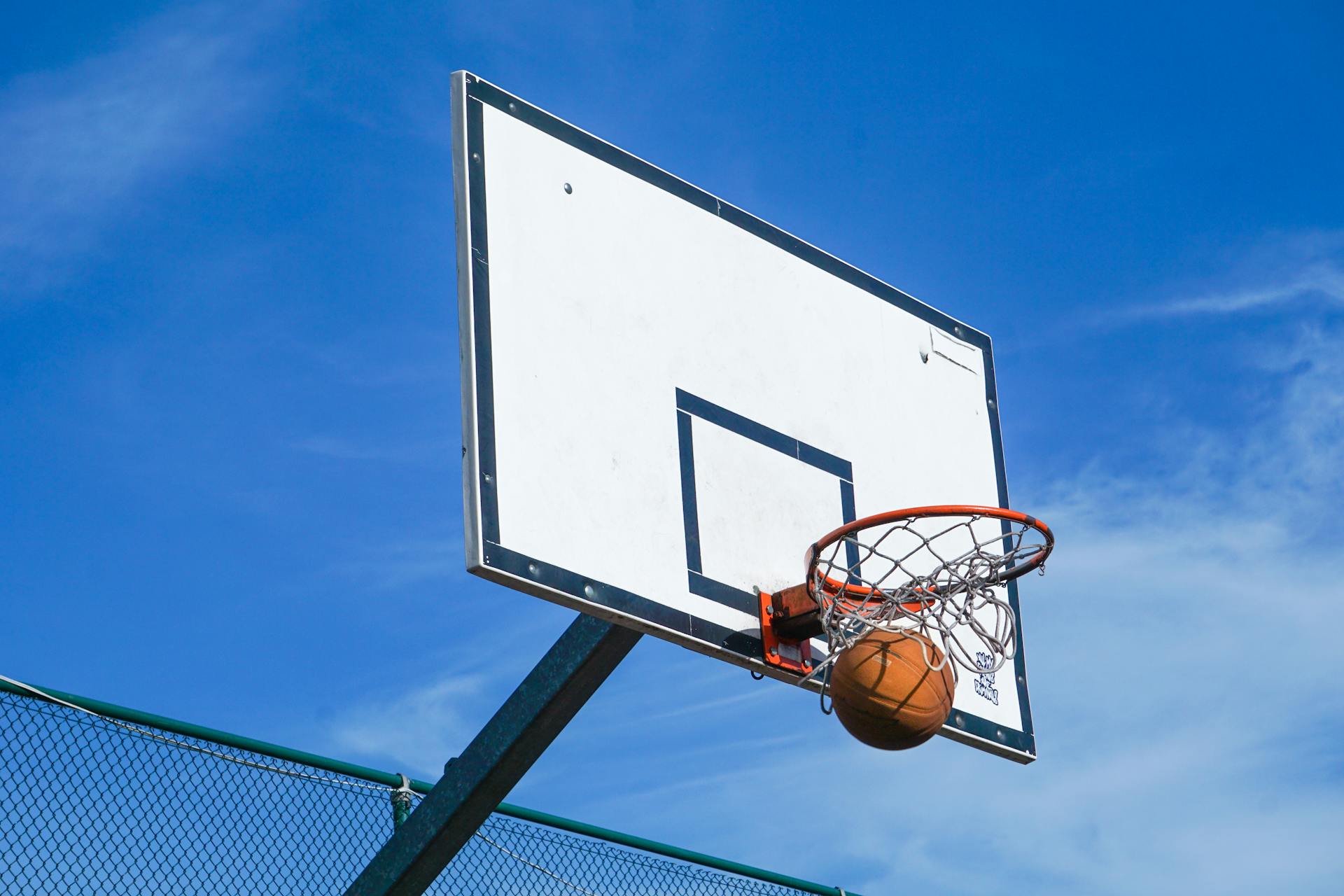 Close-up of a basketball scoring a perfect shot on an outdoor hoop against a clear blue sky.