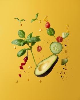 Vibrant composition of floating avocado, vegetables, and herbs on a yellow background, perfect for creative food concepts.