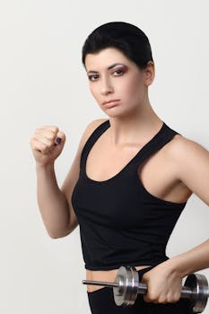 A woman in workout attire posing confidently with a dumbbell, showcasing strength and fitness.