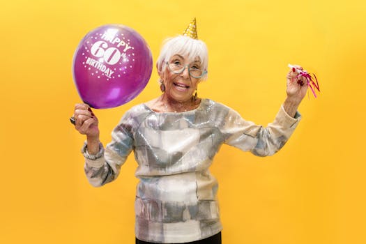 Vibrant photo of a happy senior woman celebrating her 60th birthday with a balloon.