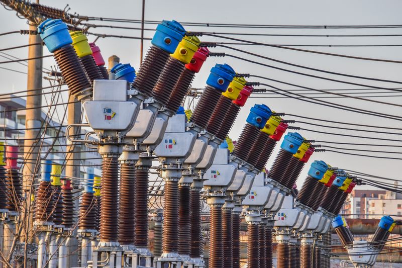 Colorful electrical transformers at an outdoor power station