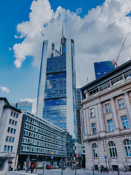 Free View of modern skyscrapers in downtown Frankfurt, showcasing contemporary architecture and urban development. Stock Photo