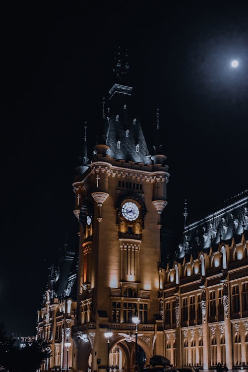 Brown Concrete Building With Clock Tower during Nighttime