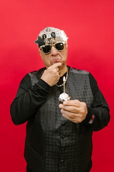 Elderly man in sunglasses and a festive hat holding a cupcake against a red background.