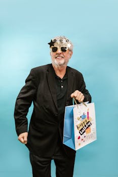 Senior man celebrating birthday with smile, gift bag, and festive glasses.