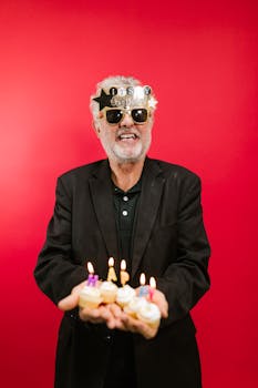 Senior man celebrating birthday with cupcakes and fun sunglasses against a vibrant red background.