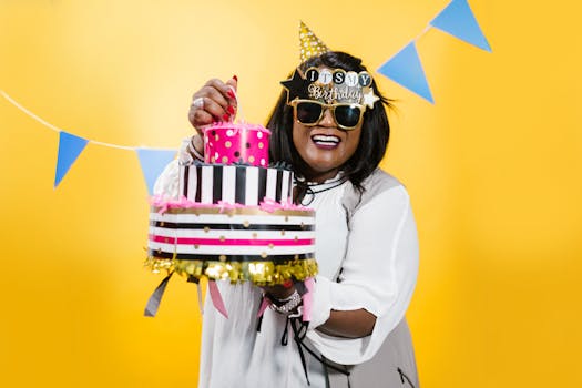 Smiling woman celebrating her birthday with a cake and party decorations against a yellow background.