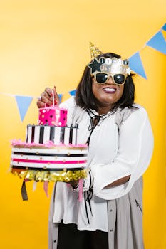 Happy woman celebrating birthday with a vibrant cake and festive sunglasses.