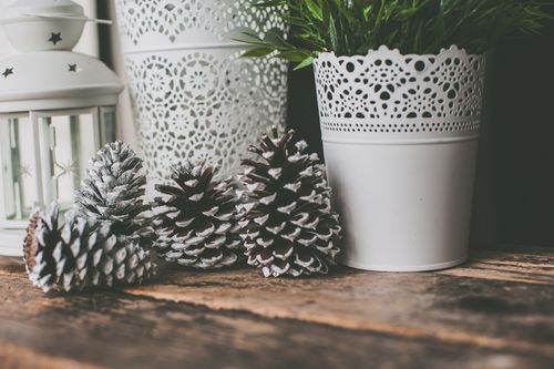 Free Elegant rustic decor featuring pine cones with white pots and wooden surface. Stock Photo