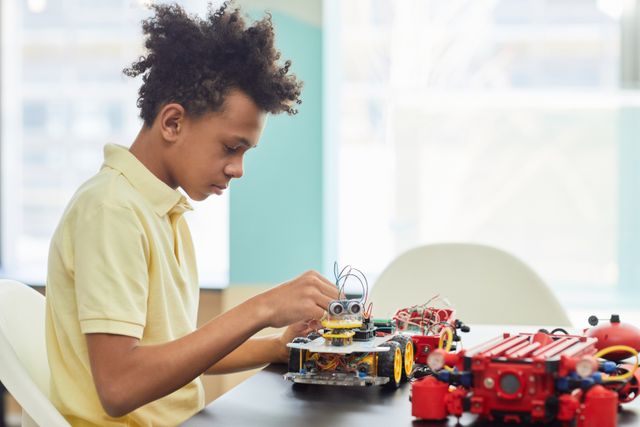 Jeune garçon construisant un projet robotique pendant une formation en intelligence artificielle