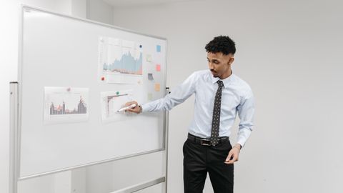 Man presenting charts on a whiteboard during a business meeting in a contemporary office.