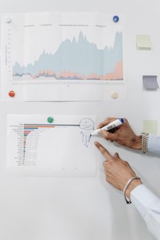 Professional hands pointing at and annotating charts during a business presentation.