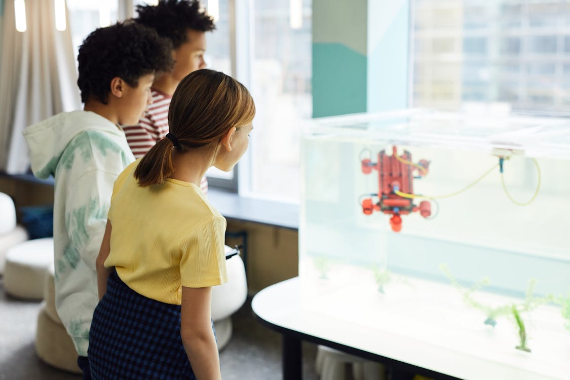 Free Side view of group of concentrated multiracial children looking at new engineering device in light room Stock Photo