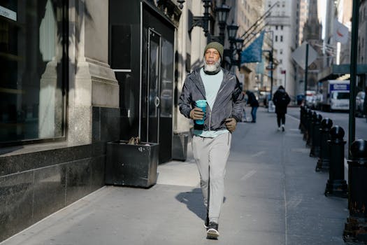 Full body of confident bearded African American male in activewear and warm gloves and hat walking along sidewalk with fitness bottle for water in sunny morning